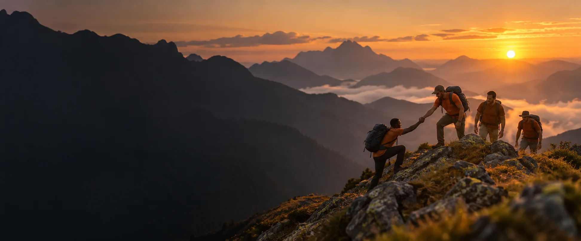 Ilustración de hombres caminando juntos en una montaña al amanecer