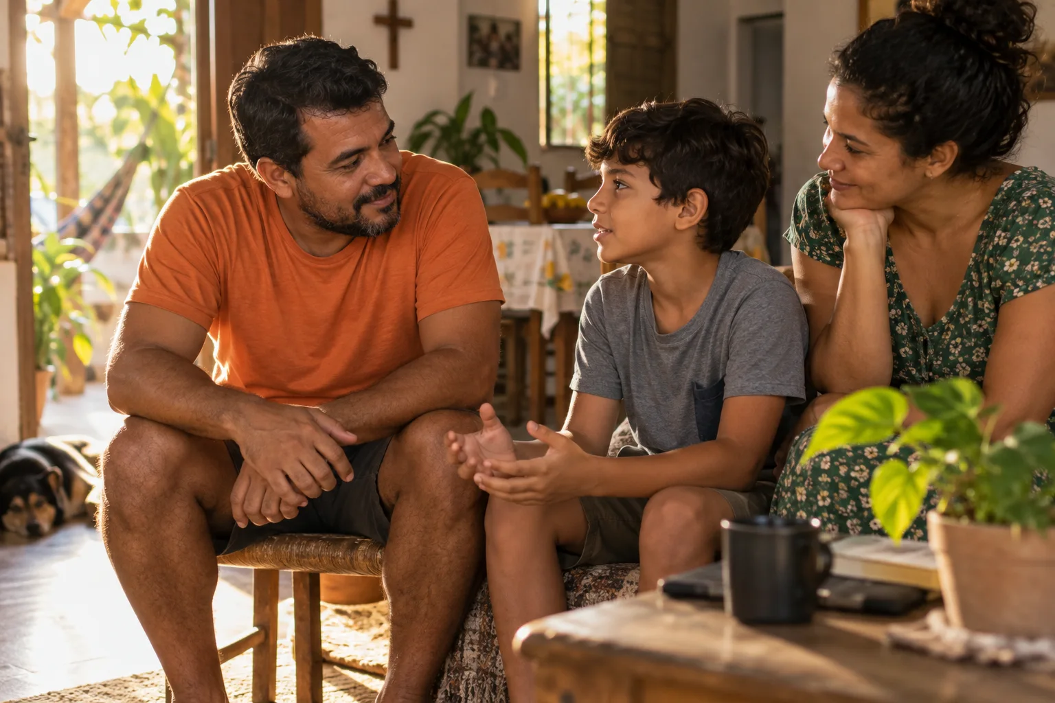 Ilustración de un padre escuchando a su hijo en casa, con la madre cerca