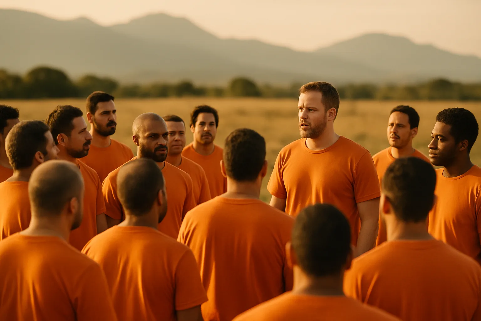 About twenty men in orange gather outdoors facing a speaker. (illustration)