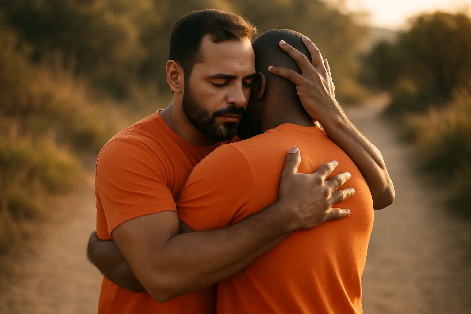 Two brothers embrace; one consoles the other. (illustration)