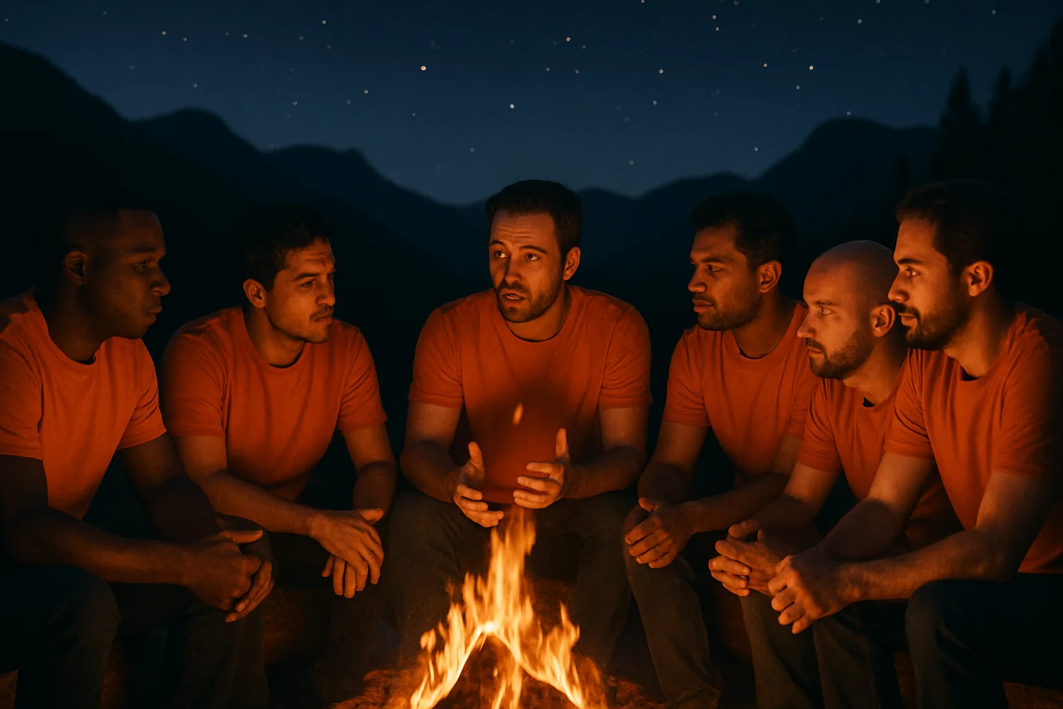 Six men talk around a campfire at night. (illustration)