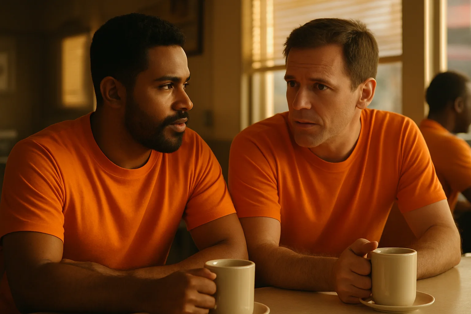 Two men talk over coffee at a diner counter. (illustration)