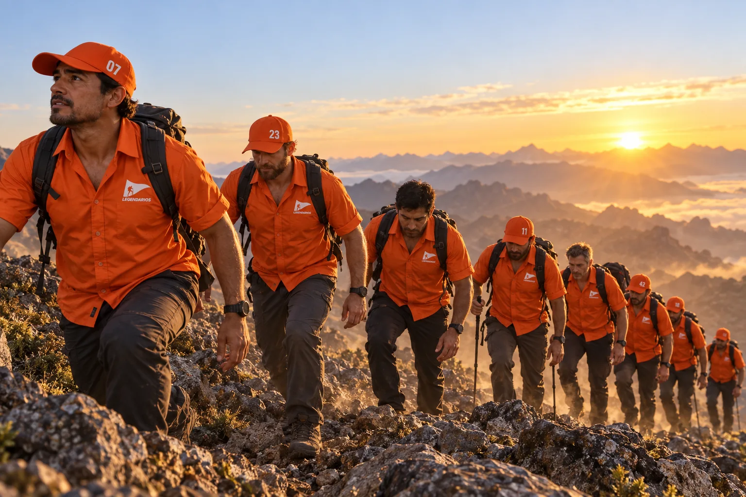 Men in the orange Legendarios farda climbing a mountain ridge at sunrise. (illustration)