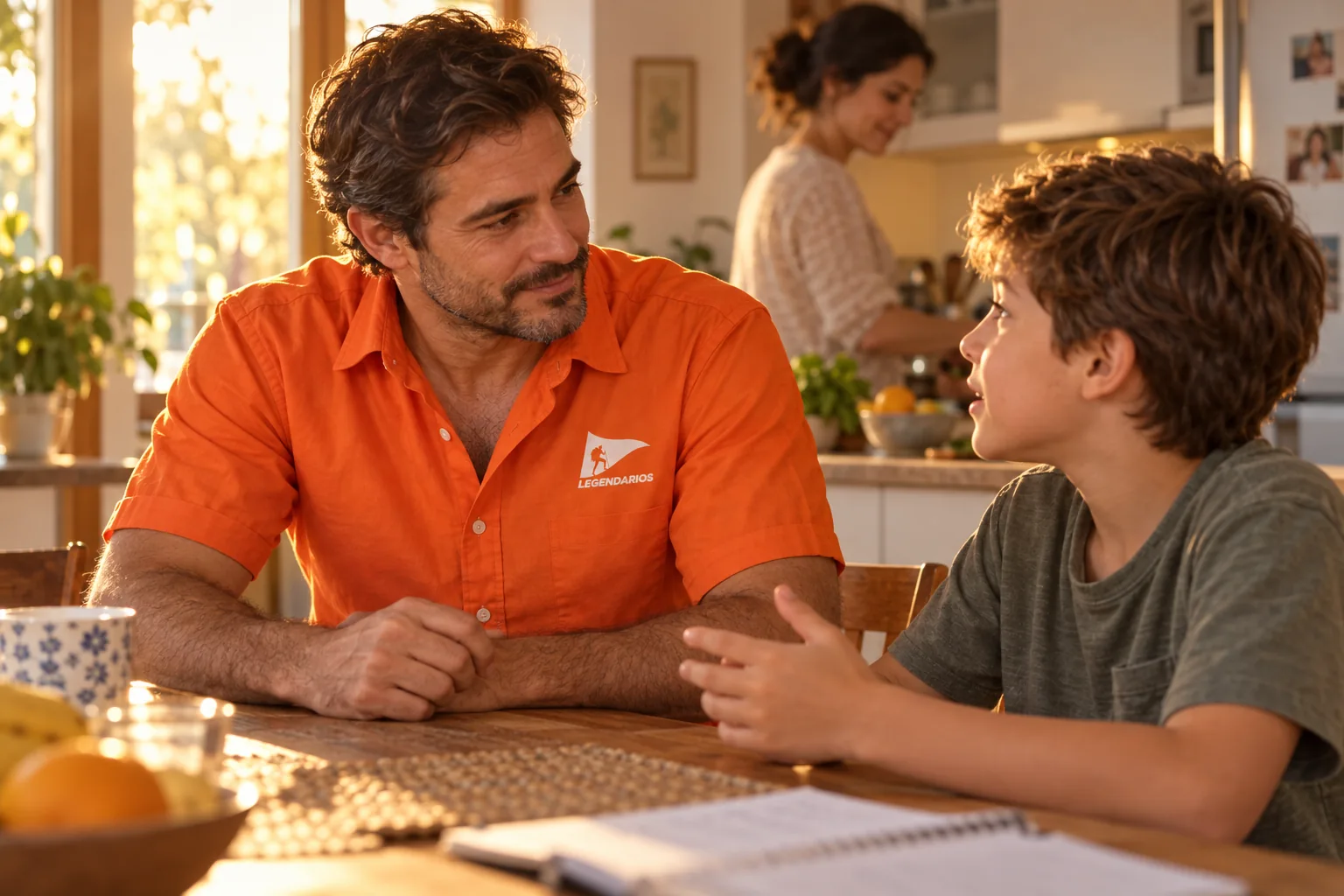 A father in the farda listening closely to his son at a kitchen table. (illustration)
