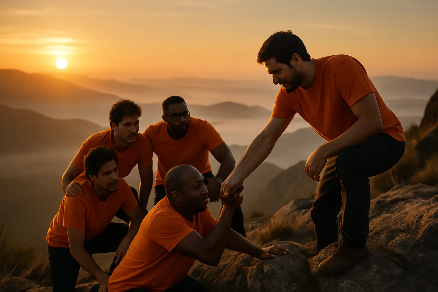 Five men in orange help each other up a mountain ridge at dawn. (illustration)