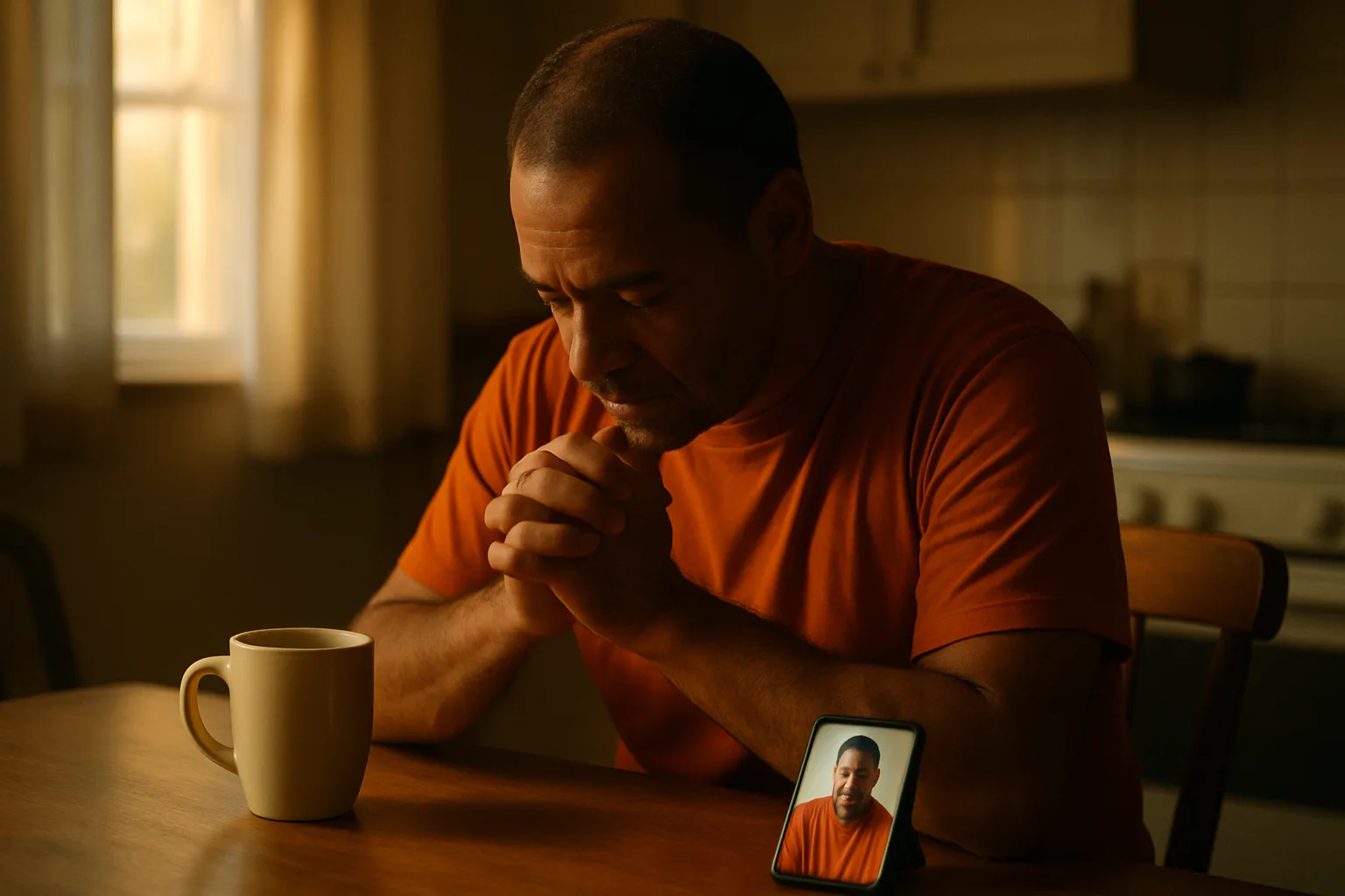 A man prays on a morning video call at his kitchen table. (illustration)