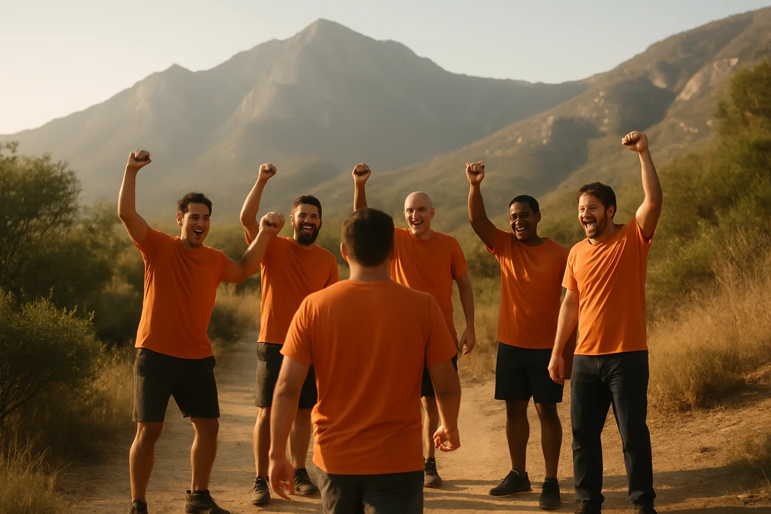 Brothers cheer as a man returns to them at the trailhead. (illustration)