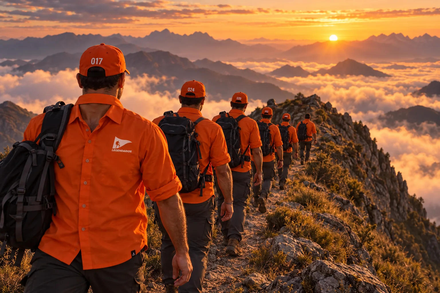 Men in the LEGENDARIOS farda walking single file along a high ridge above low cloud. (illustration)