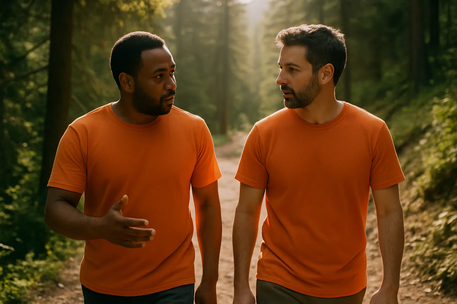 Two men walk a trail deep in conversation. (illustration)