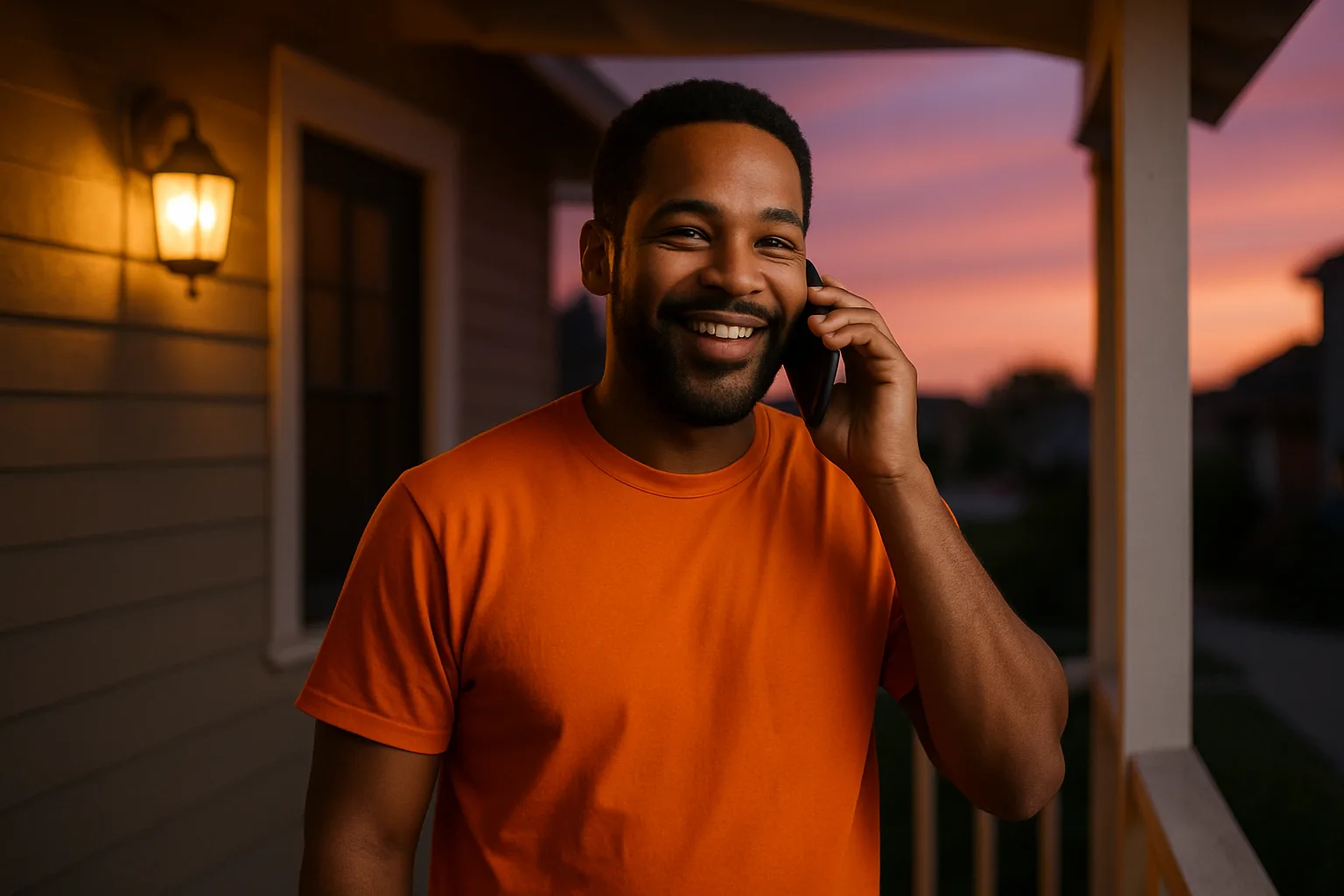 A man smiles on the phone from his porch at dusk. (illustration)